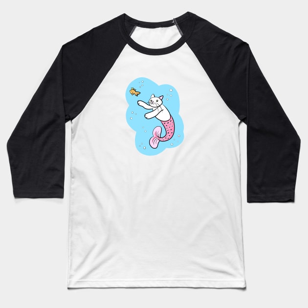 Mermaid Cat with Goldfish Baseball T-Shirt by HugSomeNettles